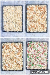 Christmas Crunch Prep Prep image showing ingredients being combined on a large cookie sheet on a white counter.