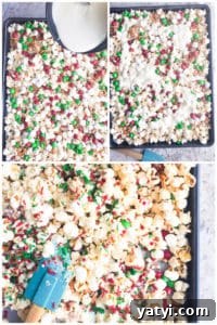 Drizzling White Chocolate Prep image collage showing white chocolate being poured over mixed and stirred.
