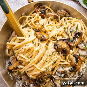 Creamy Garlic Mushroom Pasta Recipe for Dinner 5 top down view of mushroom pasta in a pan