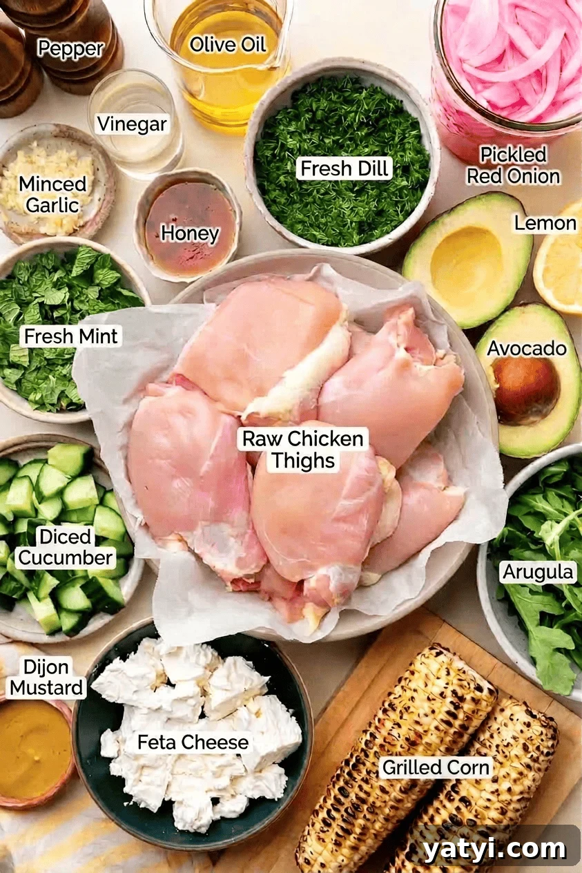 Photo of ingredients for Corn Avocado Feta Dill Salad with labels.