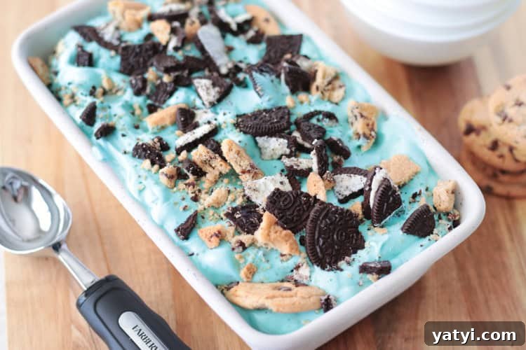 Cookie Monster Ice Cream Recipe Without an Ice Cream Maker (+Video) 7 Cookie Monster ice cream in loaf pan.