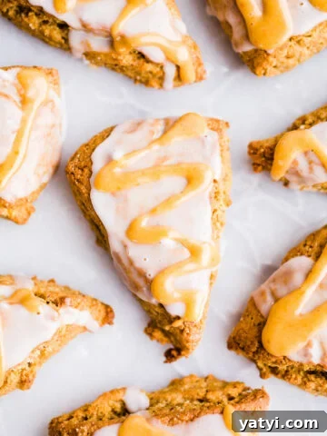 Pumpkin scones with vanilla and pumpkin glaze on white parchment paper.