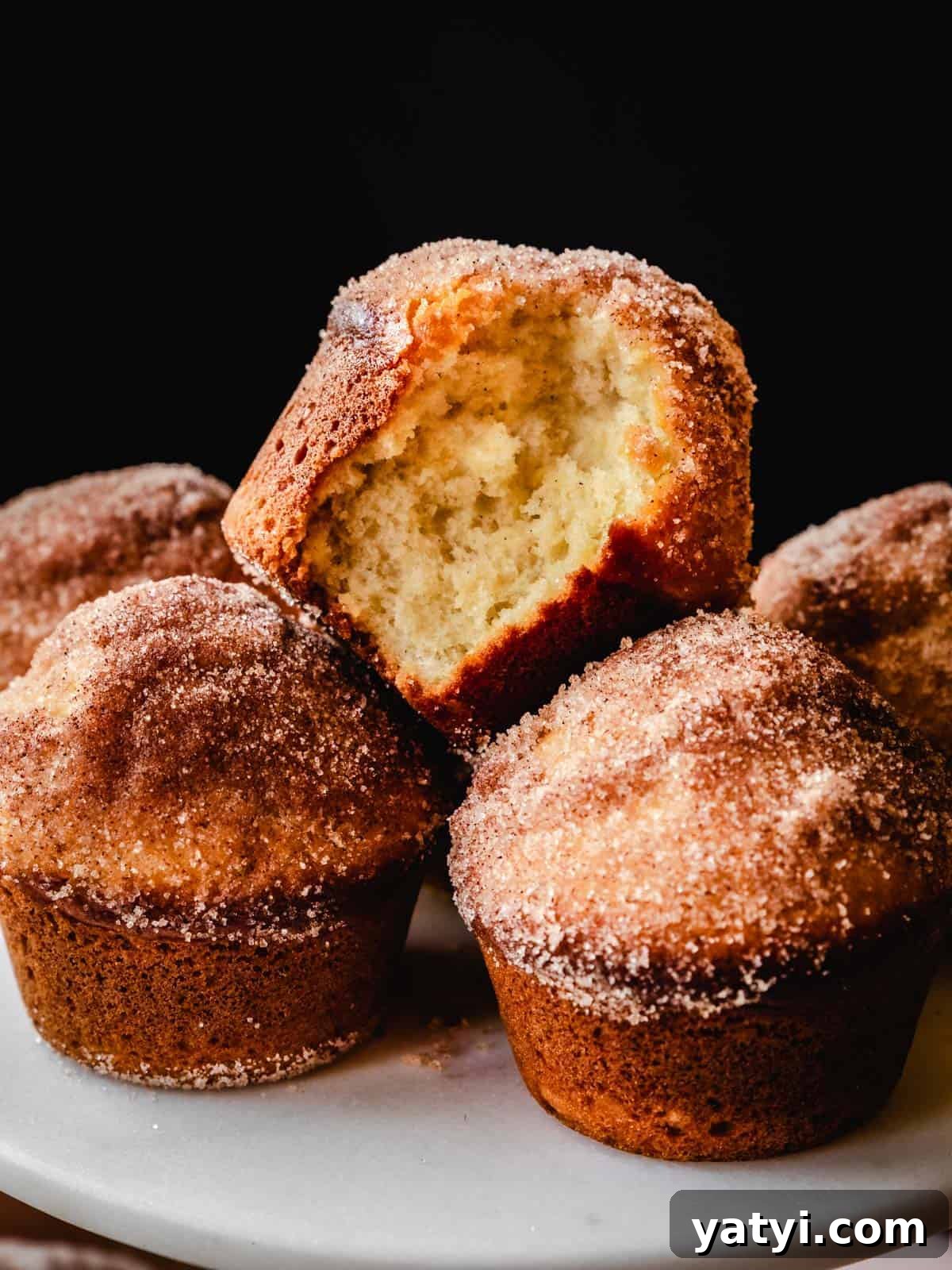 Cinnamon Sugar Donut Muffins Recipe — Soft Baked Donut-Style Muffins 14 close-up of donut muffin with bite taken out