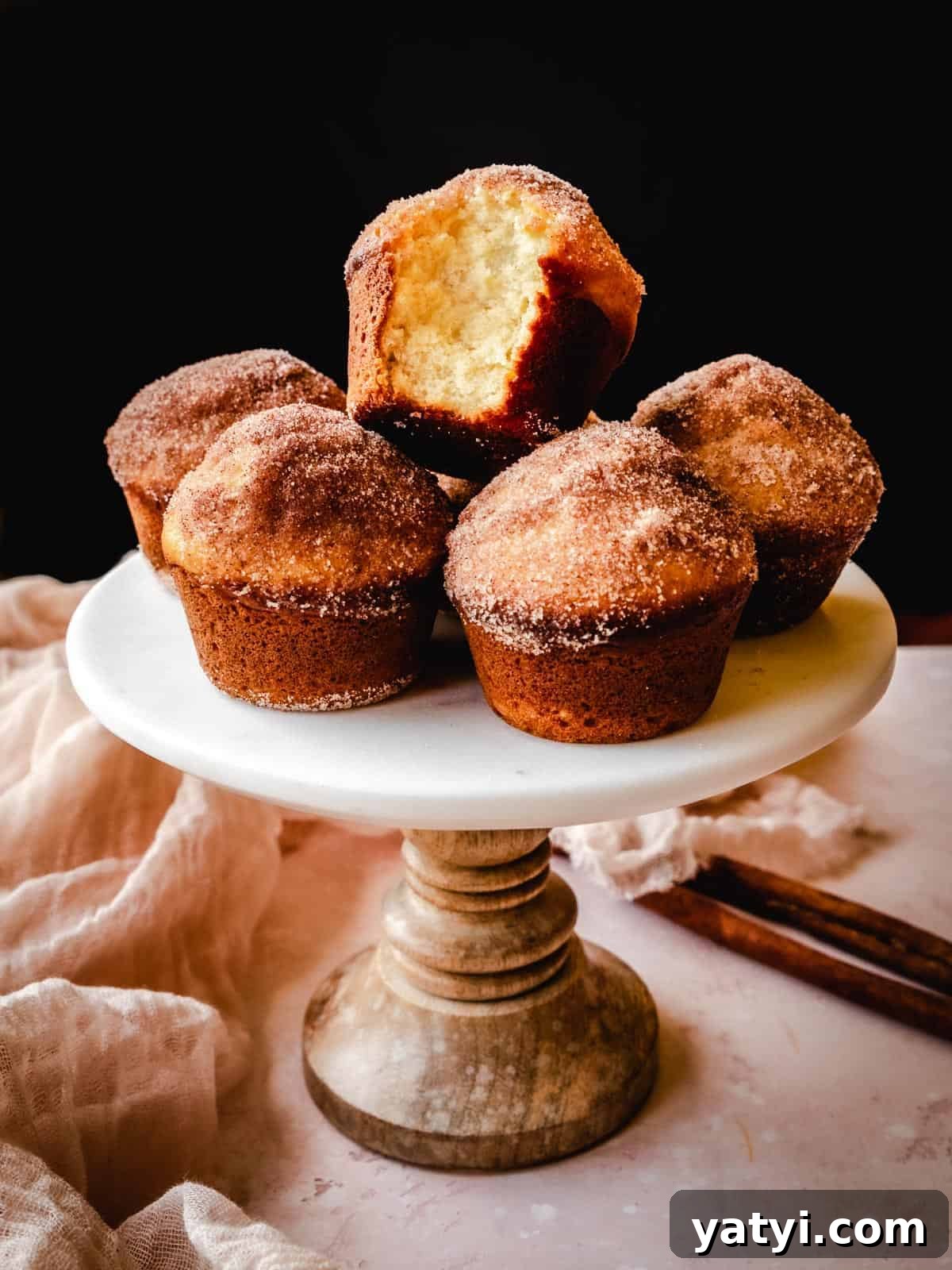 Cinnamon Sugar Donut Muffins Recipe — Soft Baked Donut-Style Muffins 4 cinnamon sugar donut muffins on a cake stand with bite taken out of one