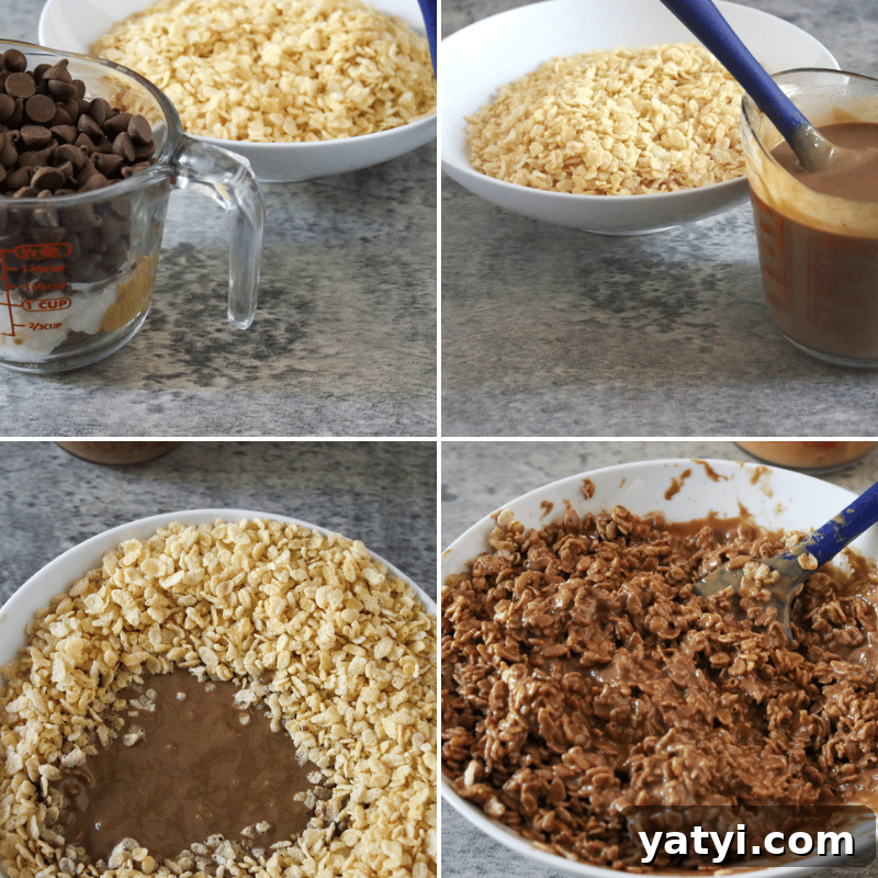 No-Bake Homemade Crunch Bars Recipe for Crispy Chocolate Treats 4 A collage of images showing the process of making the recipe.
