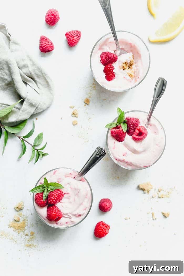 No-Bake Lemon Raspberry Cheesecake Recipe for Fresh Summer Dessert 2 Three glass dishes of no-bake raspberry lemon cheesecake on a marble counter. There is a spoon in each dish