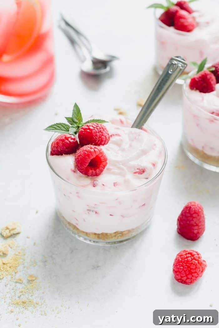 No-Bake Lemon Raspberry Cheesecake Recipe for Fresh Summer Dessert 3 Bowl of no-bake raspberry lemon cheesecake with a spoon in it. There are more dishes of cheesecake in the background