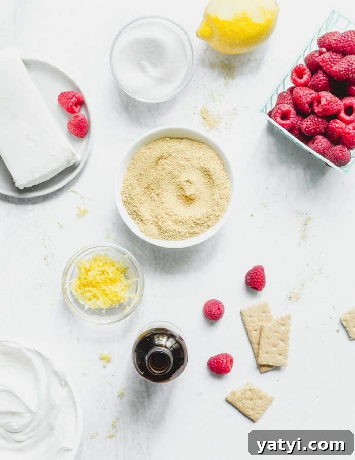 No-Bake Lemon Raspberry Cheesecake Recipe for Fresh Summer Dessert 4 Ingredients for no bake raspberry lemon cheesecake scattered on a marble countertop