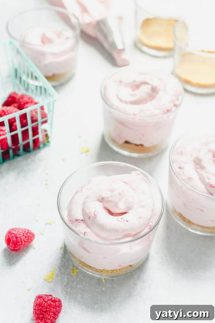 No-Bake Lemon Raspberry Cheesecake Recipe for Fresh Summer Dessert 6 Three glass bowls of raspberry lemon cheesecake on a marble countertop next to a carton of fresh raspberries