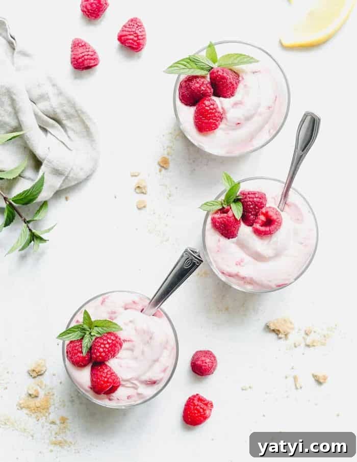 No-Bake Lemon Raspberry Cheesecake Recipe for Fresh Summer Dessert 8 Overhead view of three bowls of no-bake raspberry lemon cheesecakes garnished with fresh raspberries and mint on a marble countertop