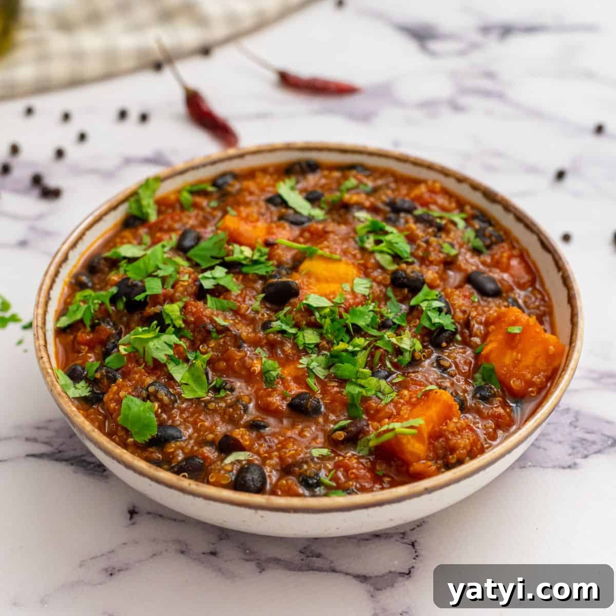 Best Chili Recipes Sweet Potato Black Bean Quinoa Chili dished up with minced cilantro.