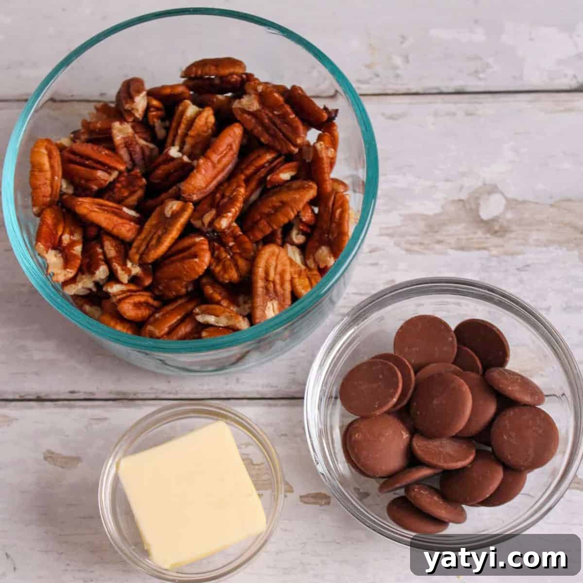 How to Make Chocolate-Covered Pecans at Home 3 Ingredients for chocolate covered pecans.