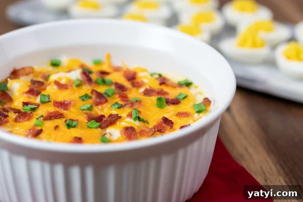 loaded baked potato casserole cheddar cheese bacon green onions mashed potatoes sour cream deviled eggs background Loaded baked potato casserole cheddar cheese bacon green onions mashed potatoes sour cream deviled eggs background.