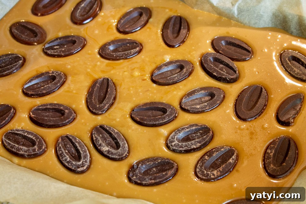 Dark Chocolate Almond Toffee: Crunchy Homemade Recipe 6 chocolate melting on warm toffee