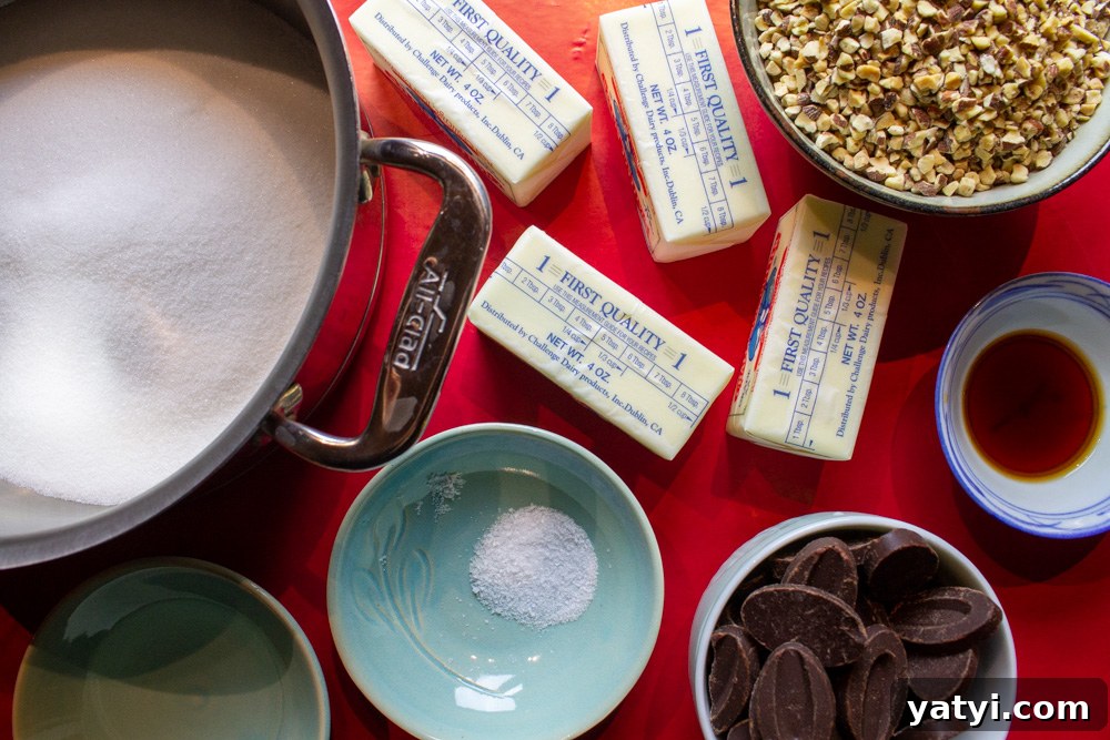 Dark Chocolate Almond Toffee: Crunchy Homemade Recipe 9 sugar, butter, almonds, water, salt, chocolate, and vanilla