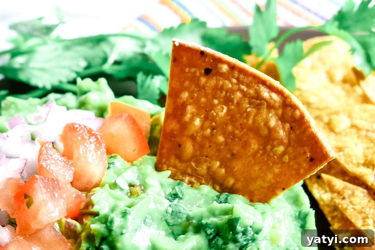 Crispy Oven-Baked Tortilla Chips Recipe You Can Make at Home 8 Tortilla chip sticking out of a pile of colorful guacamole.