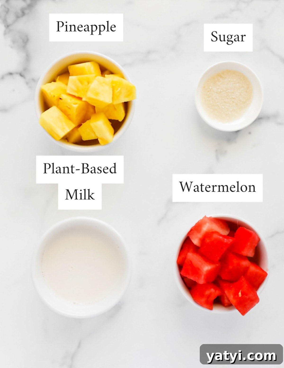 Refreshing Watermelon Pineapple Popsicle Recipe for Summer 3 Labeled ingredients including: pineapple, sugar, plant-based milk, watermelon
