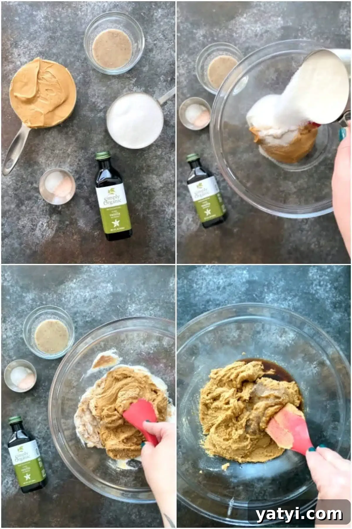 Flourless Almond Flour Cookies @spabettie Four image collage showing How To Make Almond Butter Cookies: measuring cups of almond butter, sugar, almond flour, vanilla, flax egg, and baking powder