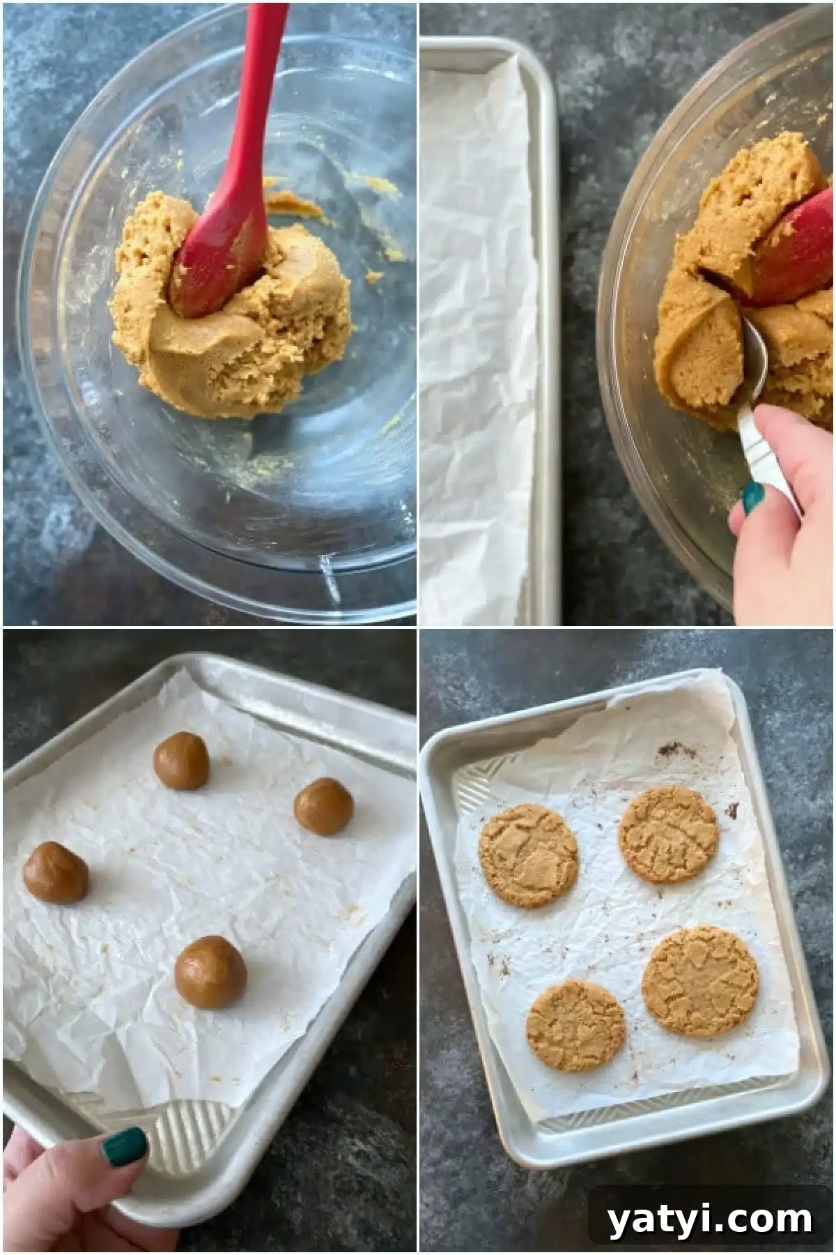 Flourless Almond Flour Cookies @spabettie Four image collage showing How To Make Flourless Almond Butter Cookies: mix, scoop and roll dough, bake, finished cookie