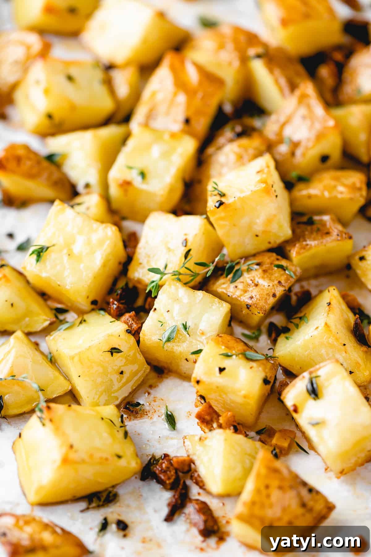 These garlic roasted potatoes are crispy, buttery and so tasty! They make a quick and easy side dish that goes with just about anything. garlic roasted potatoes on a baking sheet with thyme on top