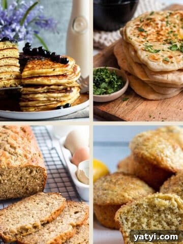 Four different sourdough recipes, pancakes, banana bread, naan, and muffins.