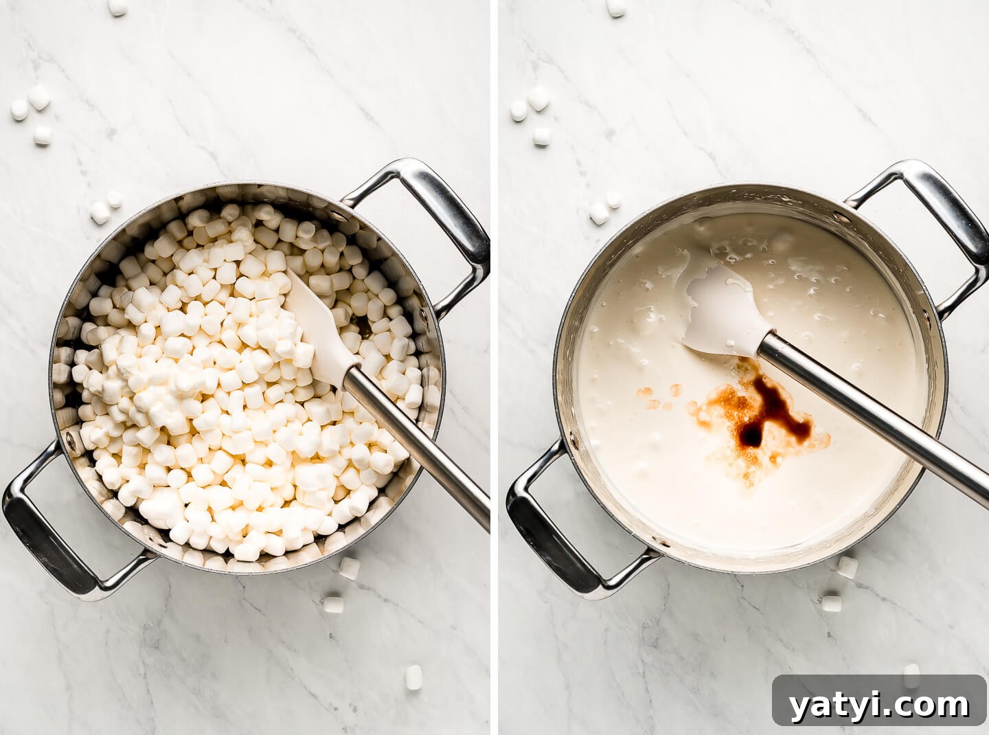 Ultimate Rice Krispie Treats Recipe You’ll Love 3 Diptych- Marshmallows and melted butter in a pot; marshmallows melted down with vanilla and salt added.