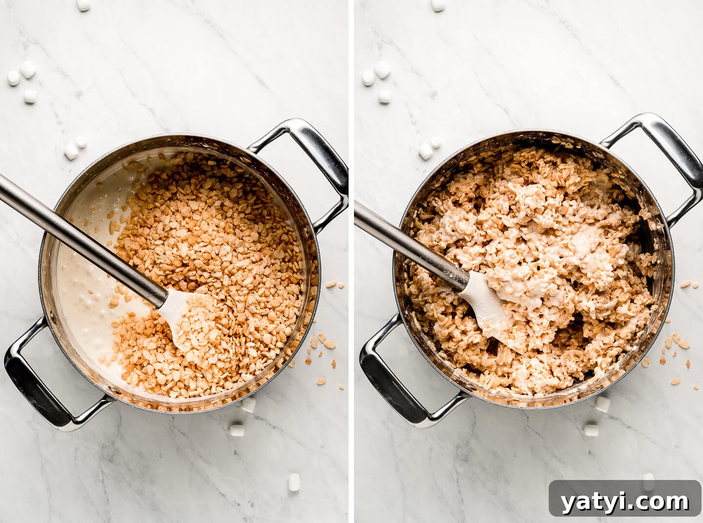 Ultimate Rice Krispie Treats Recipe You’ll Love 4 Diptych- Melted marshmallows in a pot with rice cereal on top; mixed together.