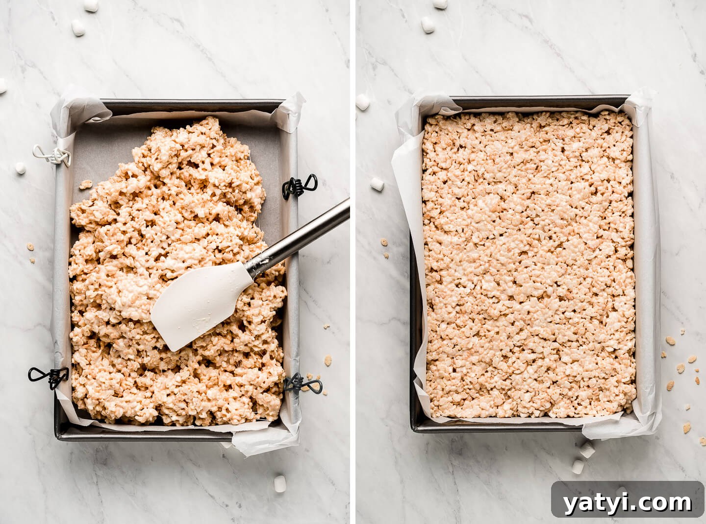 Ultimate Rice Krispie Treats Recipe You’ll Love 5 Diptych- Spreading Rice Krispies out in a pan; press flat.