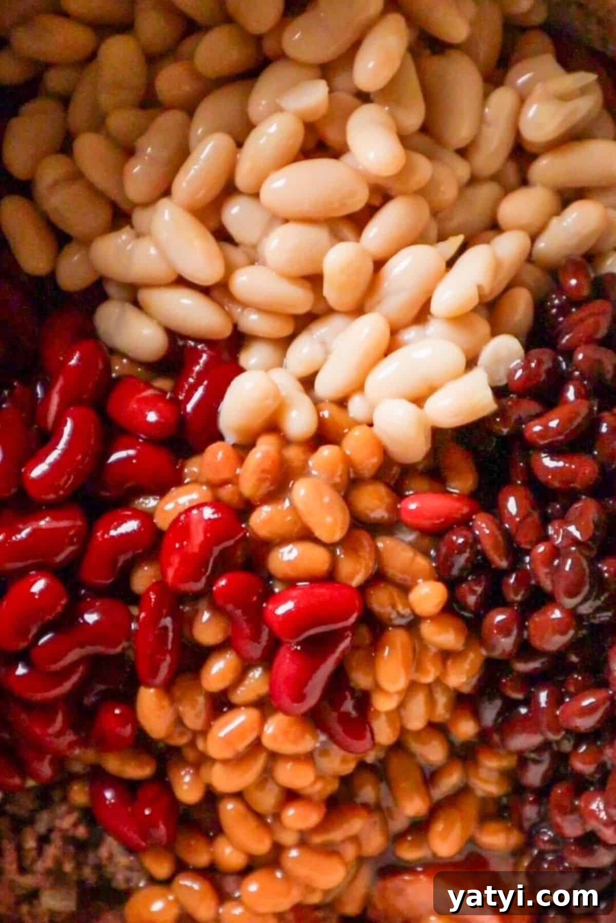 Smoky Baked Cowboy Beans with Brown Sugar and Bacon 4 beans in pot for cowboy beans