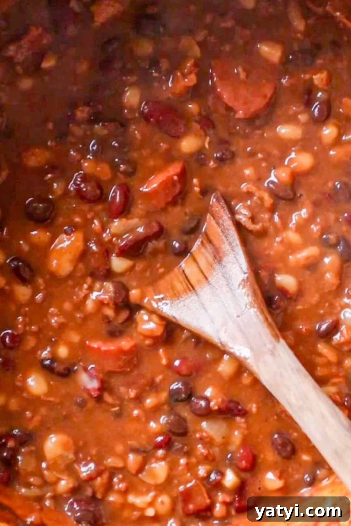 Smoky Baked Cowboy Beans with Brown Sugar and Bacon 5 cowboy beans in pot before baking
