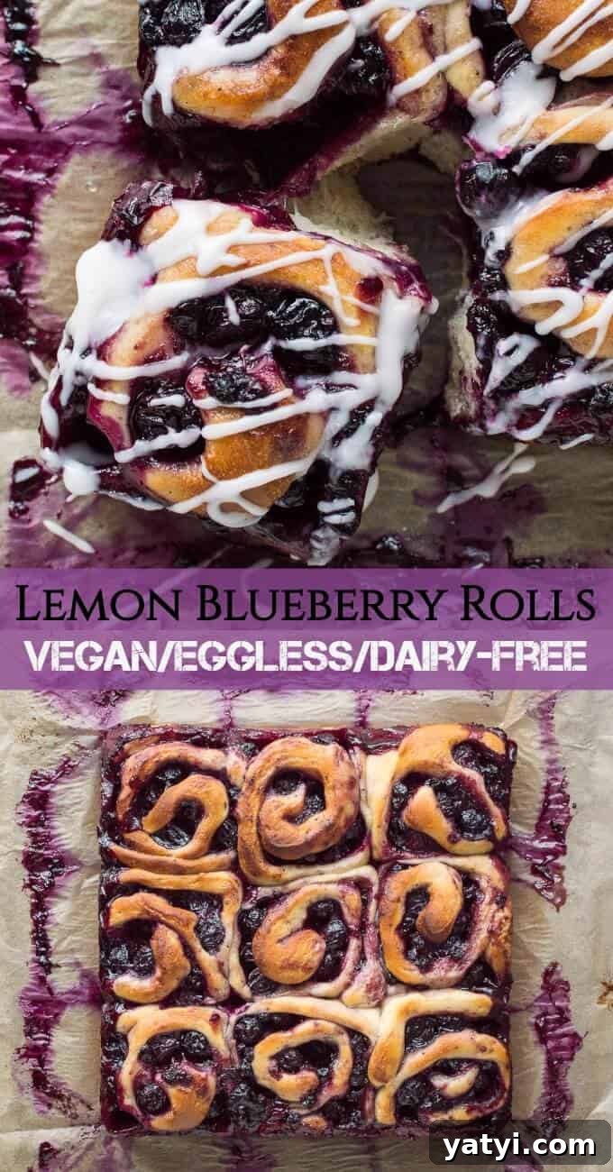Citrus Lemon Blueberry Rolls (Vegan) 10 Vegan lemon blueberry rolls - soft, sticky vegan sweet rolls filled with juicy blueberries and topped with a tangy lemon glaze.