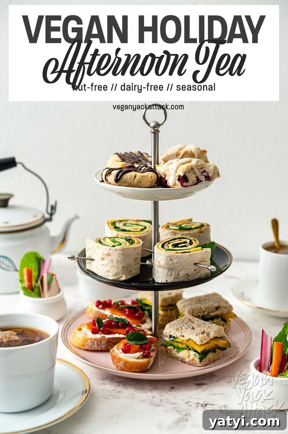 Vegan Holiday Afternoon Tea Menu & Festive Recipes 2 three tiered food display with cups of tea around it, and text overlay 'vegan holiday afternoon tea'
