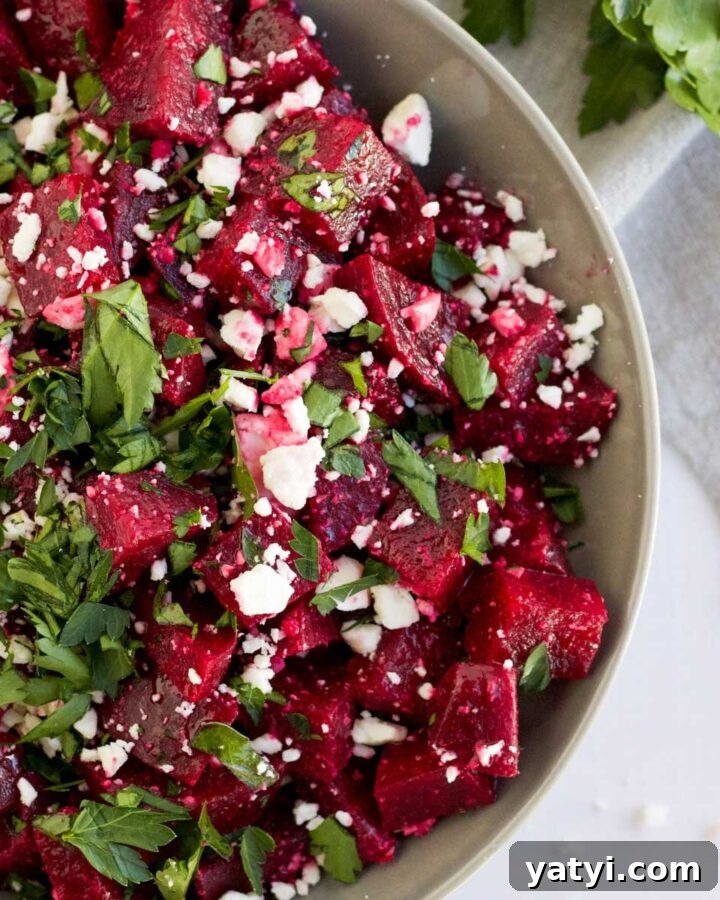 Bowl of beetroot feta salad in a bowl.