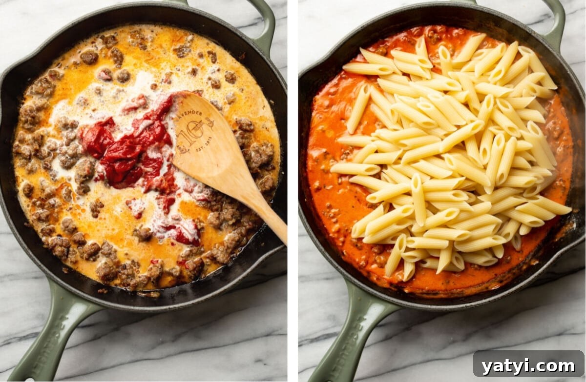 Sausage Penne alla Vodka: Creamy Tomato Pasta Recipe 5 making sauce for penne alla vodka with sausage in a skillet and adding pasta