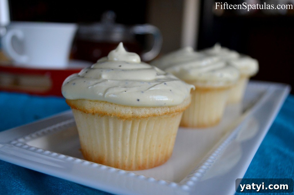 EarlGreyCupcakes5 White Cupcakes with Earl Grey Frosting Piped On Top