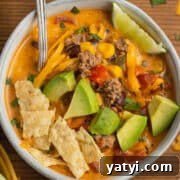 This is a square picture of creamy beef taco soup.
