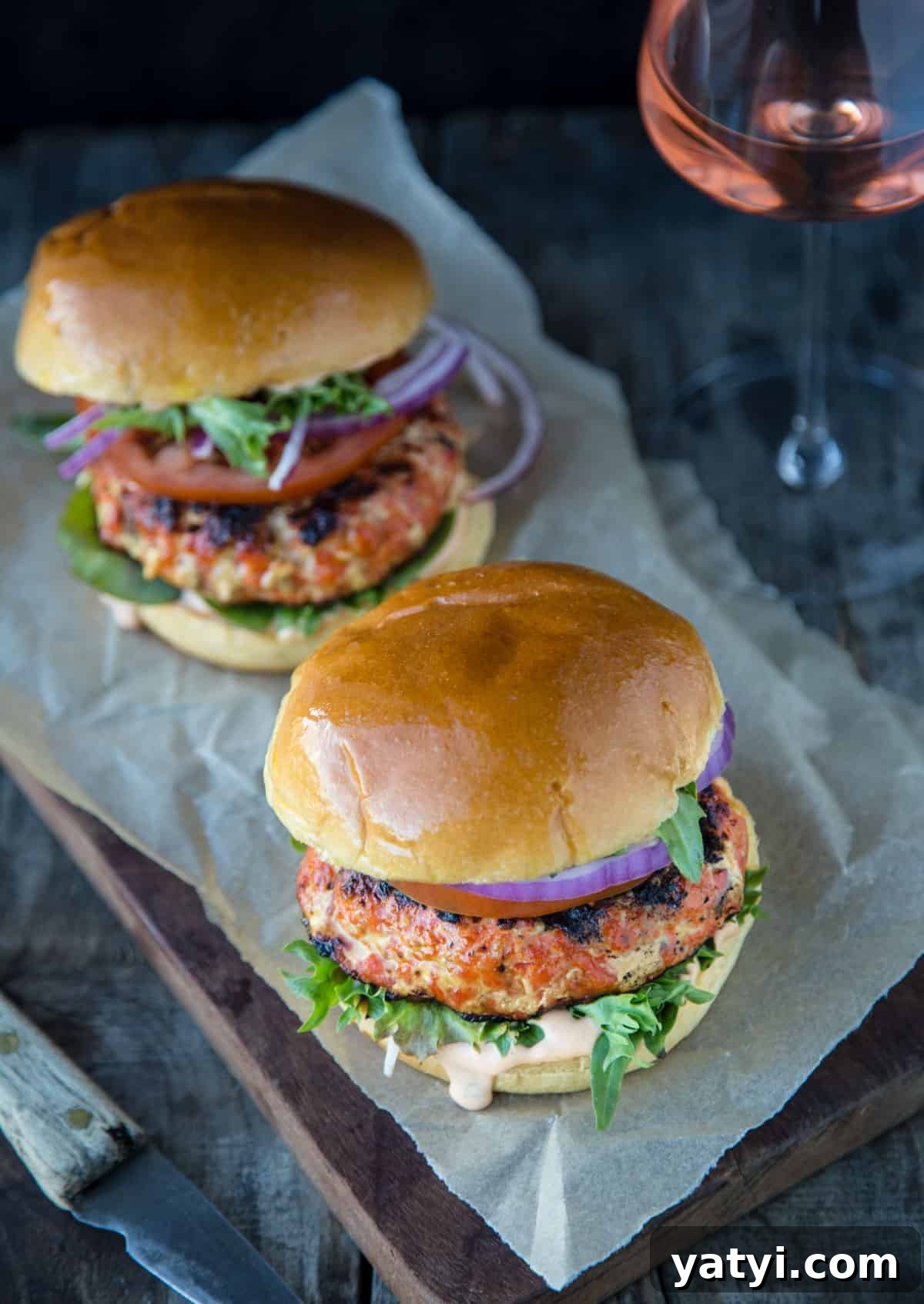 Salmon Burgers with a glass of wine to pair