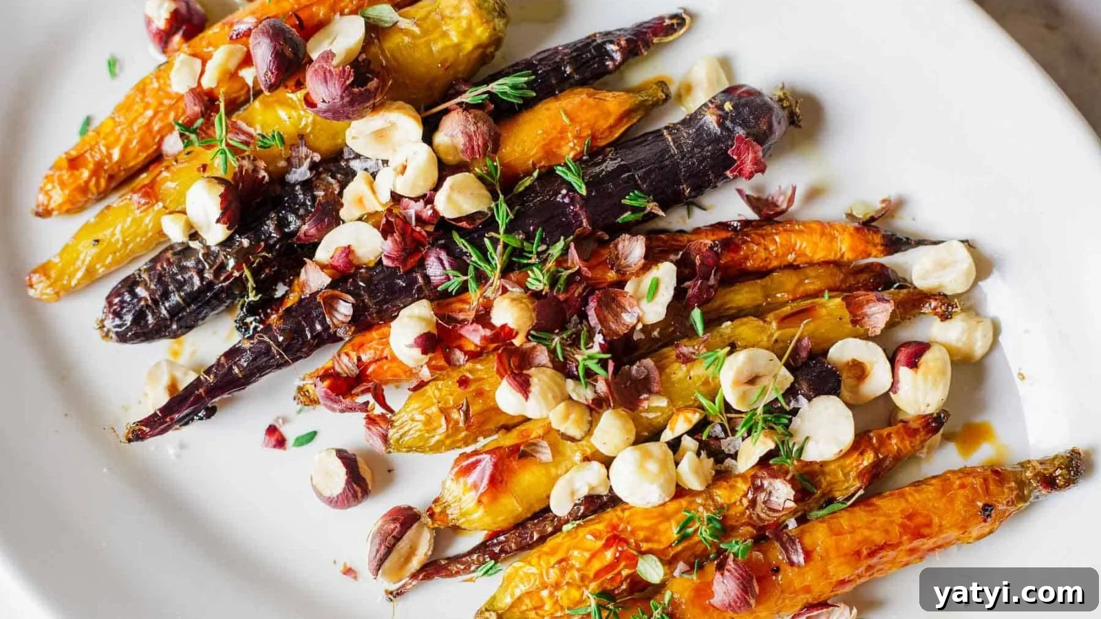 19 Holiday Side Dishes to Balance Your Festive Meal 18 A plate of roasted carrots in various colors, topped with chopped hazelnuts and sprigs of fresh thyme. The dish is presented on a white plate.