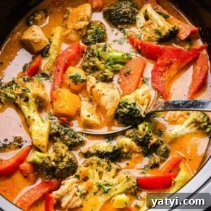Slow Cooker Thai Red Curry with Chicken and Coconut Milk 13 Slow cooker Thai-inspired red curry with chicken and vegetables in a slow cooker.
