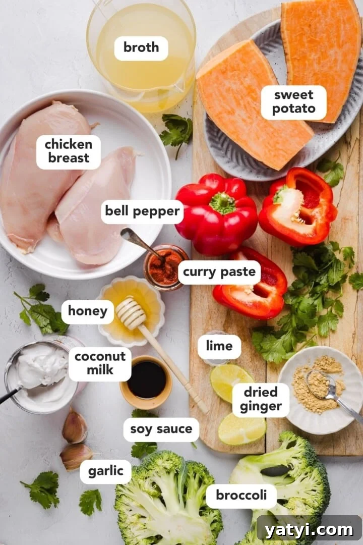 Slow Cooker Thai Red Curry with Chicken and Coconut Milk 3 Ingredients for slow cooker red curry in small bowls on a grey marble counter.
