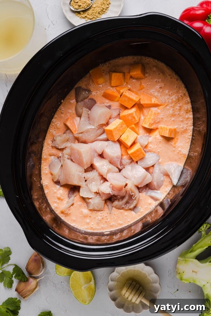 Slow Cooker Thai Red Curry with Chicken and Coconut Milk 5 Cubed chicken breast and sweet potato in a slow cooker with coconut curry, uncooked.