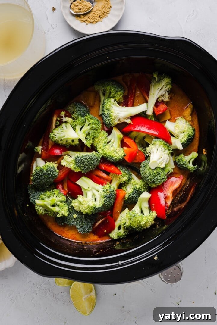 Slow Cooker Thai Red Curry with Chicken and Coconut Milk 6 Vegetables added to slow cooker with red coconut curry.