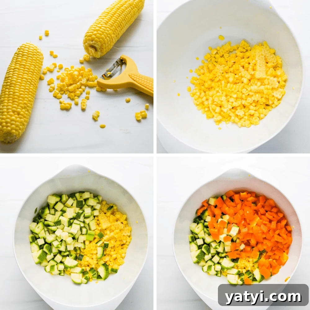 Summer Chopped Vegetable Salad with Creamy Shallot Vinaigrette 2 Assembling marinated vegetable salad in a large bowl.