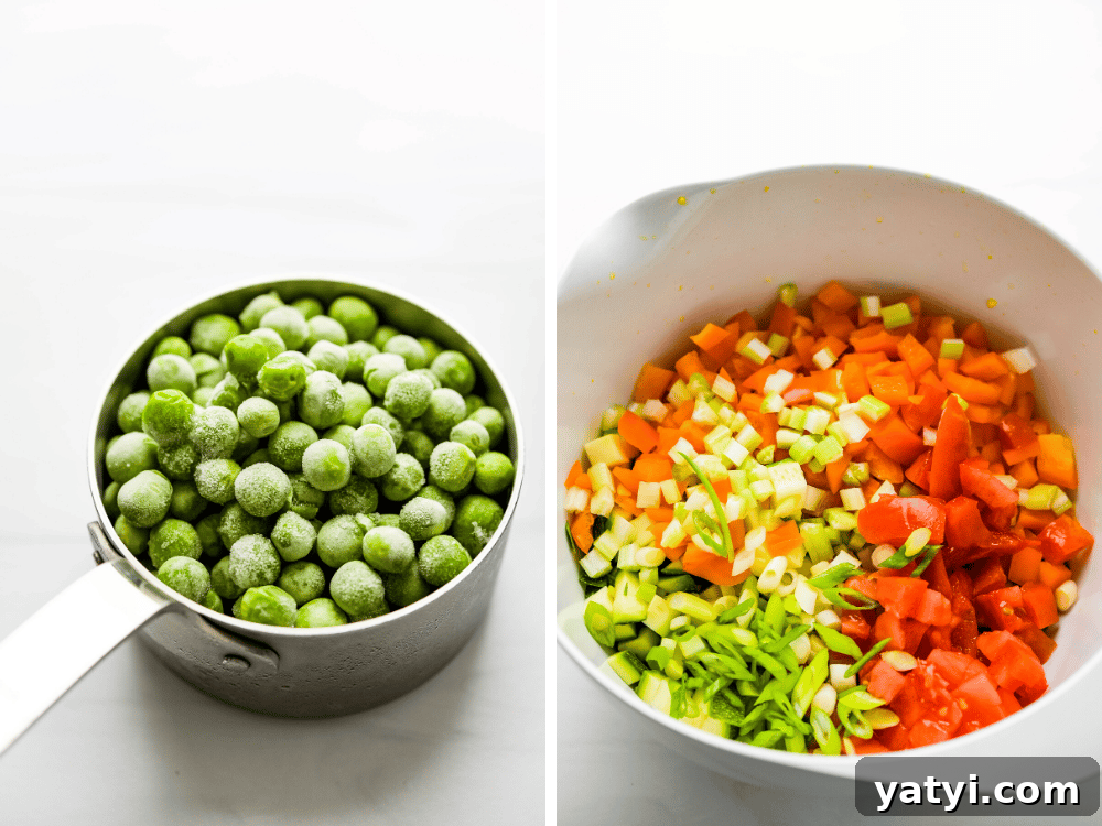 adding peas to the chopped veggie salad