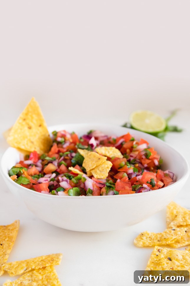 Side shot of a bowl of pico de gallo with some tortilla chips