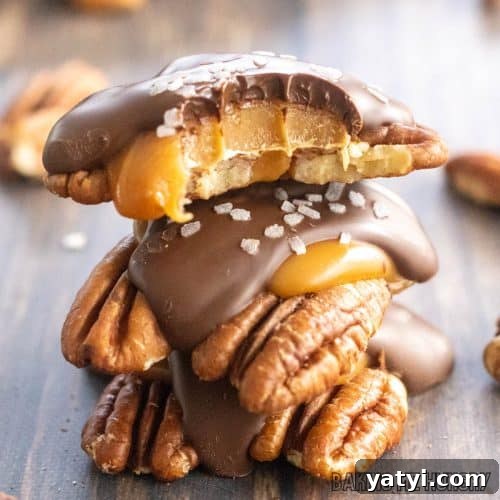 pecan caramel candies in a stack close up with top candy missing a bite