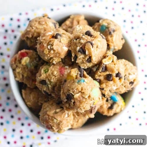 monster cookie dough balls in bowl close up from overhead