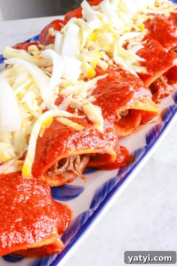 Enchiladas Rojas with shredded beef on a platter
