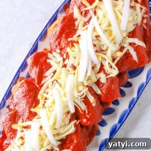 Enchiladas Rojas with shredded beef on a platter