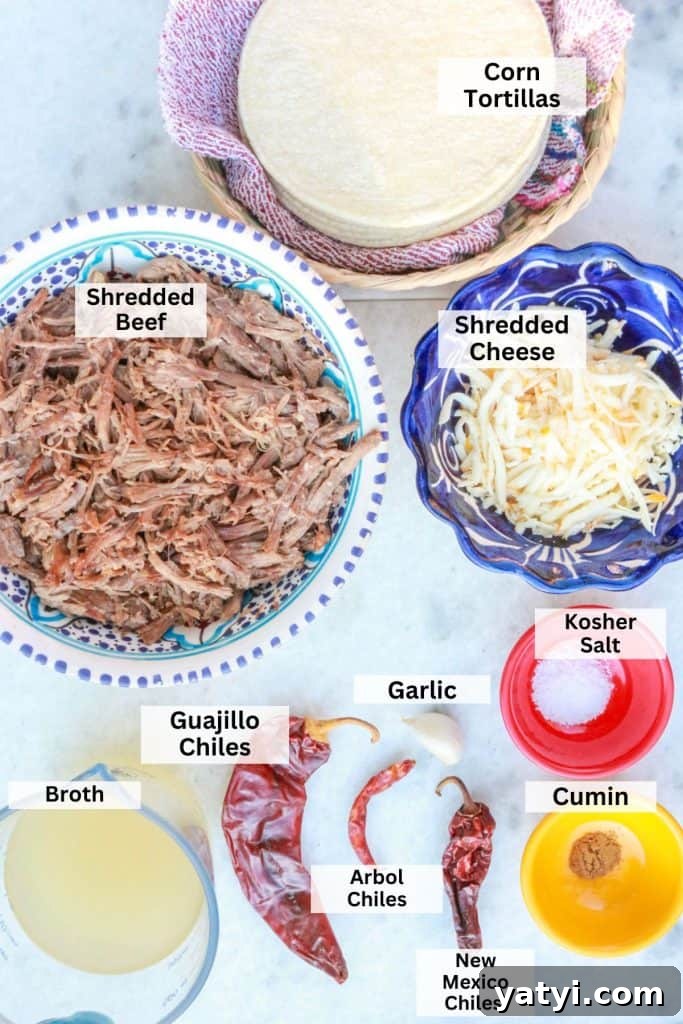 Ingredients for Enchiladas Rojas: corn tortillas, shredded beef, shredded cheese, broth, salt, cumin, guajillo chiles, arbol chiles, New Mexico chiles, garlic clove